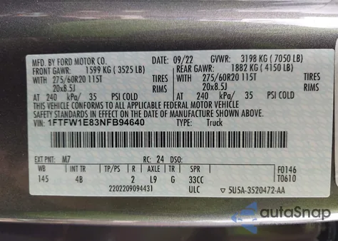 2022 Ford F-150 Xlt из США, поврежденный, VIN 1FTFW1E83NFB94640